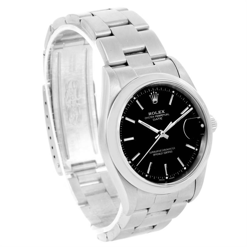 The Rolex Date 15200 Men's Stainless Steel Black Dial 15200 Men's Stainless Steel Black Dial model watch is shown at an angle highlighting the face, bezel, and bracelet with the clasp open.