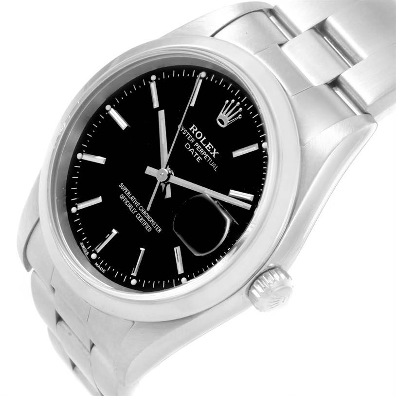 The image shows a close-up view of the Rolex Date 15200 Men's Stainless Steel Black Dial 15200 Men's Stainless Steel Black Dial model watch displaying its face, bezel, crown, and bracelet from a slightly angled perspective.