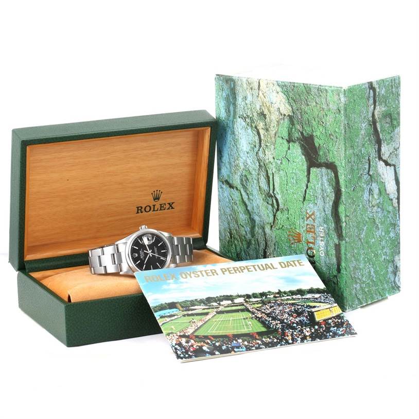 The image shows a Rolex Date 15200 Men's Stainless Steel Black Dial 15200 Men's Stainless Steel Black Dial model, displayed inside its box, with accompanying packaging and a booklet.