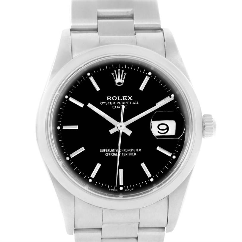 The image shows a front view of a Rolex Date 15200 Men's Stainless Steel Black Dial 15200 Men's Stainless Steel Black Dial model watch, displaying its dial, hands, date window, and part of the bracelet.