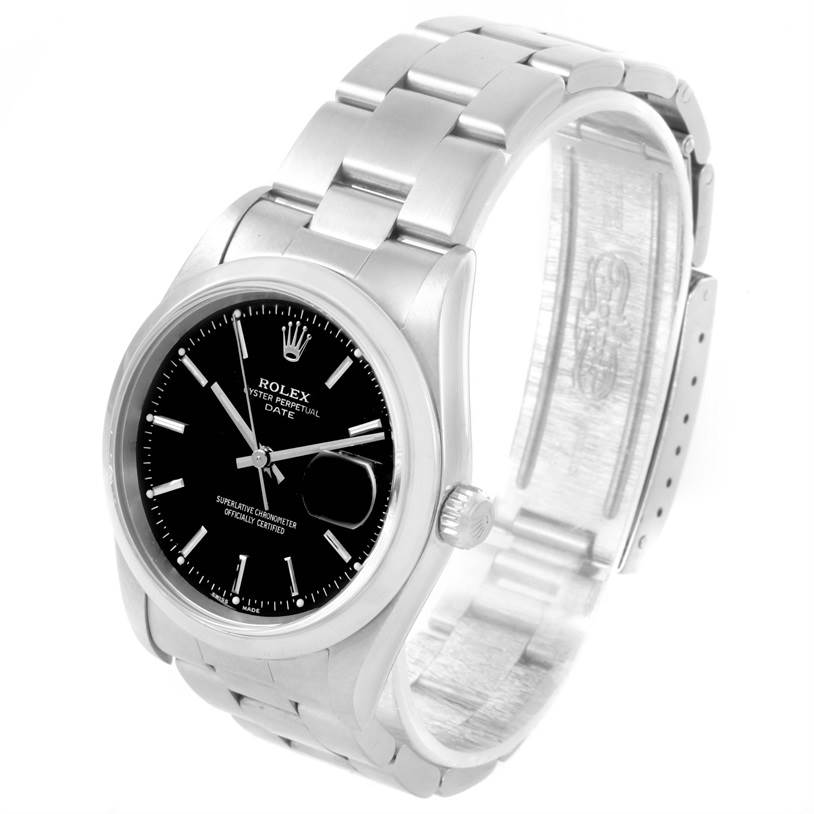 The image shows a Rolex Date 15200 Men's Stainless Steel Black Dial 15200 Men's Stainless Steel Black Dial model watch at a slight angle, displaying its face, bezel, crown, and part of the bracelet.