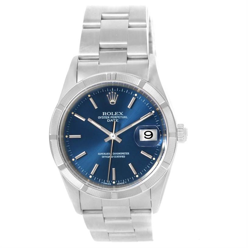 The image shows a front view of a Rolex Date 15210 Men's Stainless Steel Blue Dial 15210 Men's Stainless Steel Blue Dial model watch, featuring a blue dial, date window, and stainless steel bracelet.