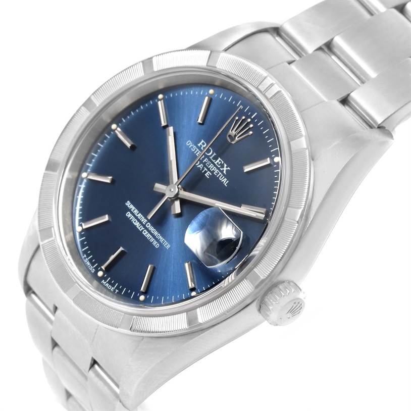 This image shows a Rolex Date 15210 Men's Stainless Steel Blue Dial 15210 Men's Stainless Steel Blue Dial watch angled slightly from the side, highlighting its blue dial, bezel, crown, and bracelet.