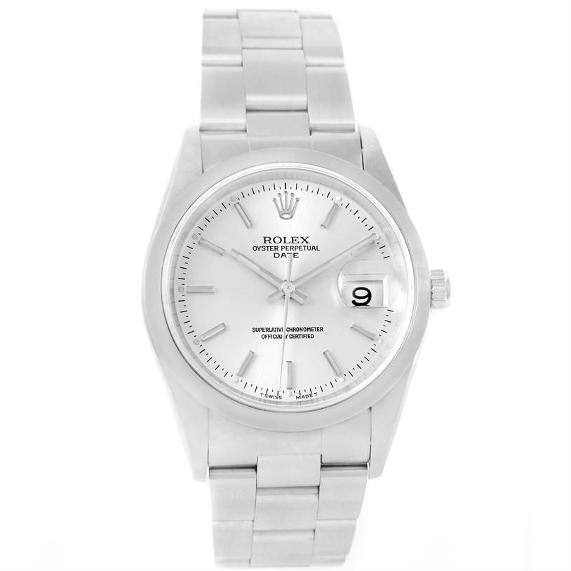 The image shows a front view of the Rolex Oyster Perpetual Date model, displaying its face, dial, bracelet, and magnified date window.