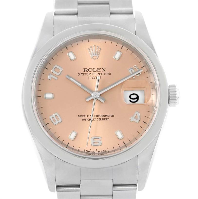 The image shows a front view of the Rolex Date 15200 Men's Stainless Steel Pink Dial 15200 Men's Stainless Steel Pink Dial watch, highlighting the dial, hour markers, hands, and date window.