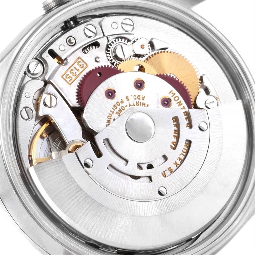 This image shows the internal mechanics and movement of a Rolex Date 15200 Men's Stainless Steel Pink Dial 15200 Men's Stainless Steel Pink Dial model watch from a close-up, top-down angle.