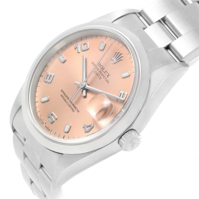 The image shows a close-up angle of a Rolex Date 15200 Men's Stainless Steel Pink Dial 15200 Men's Stainless Steel Pink Dial watch, highlighting the dial, case, and bracelet.