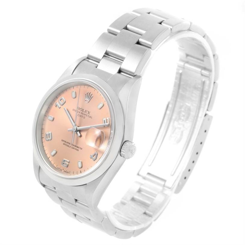 The Rolex Date 15200 Men's Stainless Steel Pink Dial 15200 Men's Stainless Steel Pink Dial model watch is shown from an angled side view, displaying the face, bezel, crown, and bracelet.