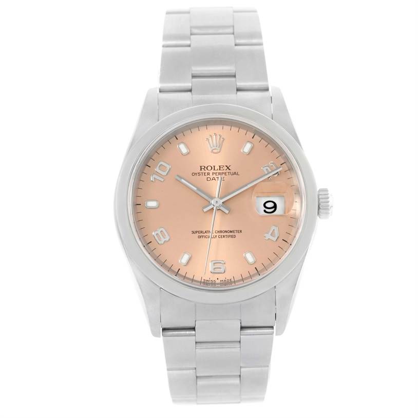 The image shows a Rolex Date 15200 Men's Stainless Steel Pink Dial 15200 Men's Stainless Steel Pink Dial model watch from a front angle, highlighting its face, bracelet, and date display.
