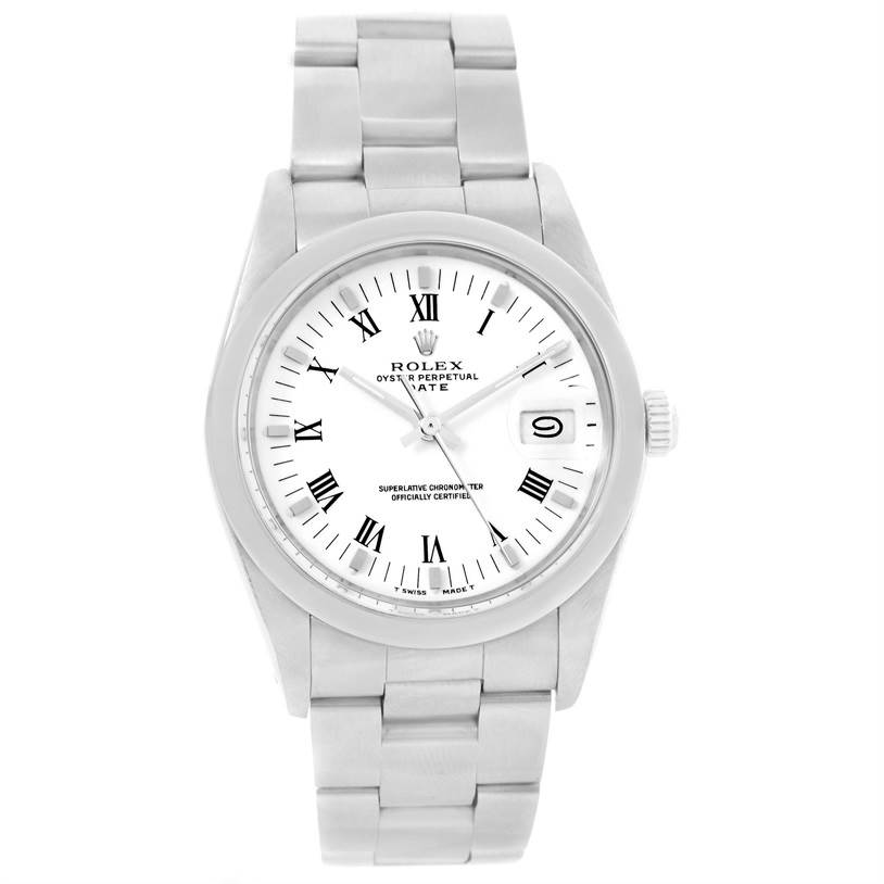 The image shows the front view of a Rolex Date 15000 Men's Stainless Steel White Dial 15000 Men's Stainless Steel White Dial model, featuring the dial, bracelet, and crown.