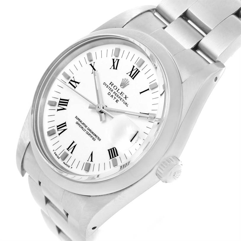 The image shows a close-up, angled view of the Rolex Date 15000 Men's Stainless Steel White Dial 15000 Men's Stainless Steel White Dial model watch, displaying the dial, bezel, and part of the bracelet.