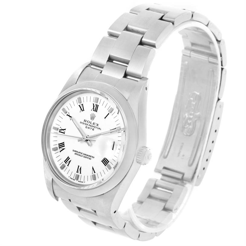 This image shows a Rolex Date 15000 Men's Stainless Steel White Dial 15000 Men's Stainless Steel White Dial model watch at an angle displaying its face, bracelet, and open clasp.