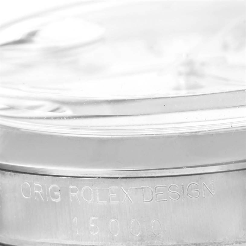 This image shows a close-up of the case side of a Rolex Date 15000 Men's Stainless Steel White Dial 15000 Men's Stainless Steel White Dial model, highlighting the engraved text "ORIG ROLEX DESIGN 15000".