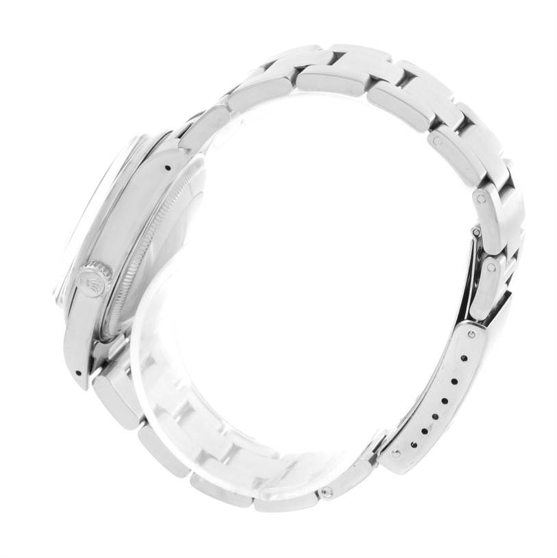 This image shows the side profile and bracelet of the Rolex Date 15000 Men's Stainless Steel White Dial 15000 Men's Stainless Steel White Dial model watch.