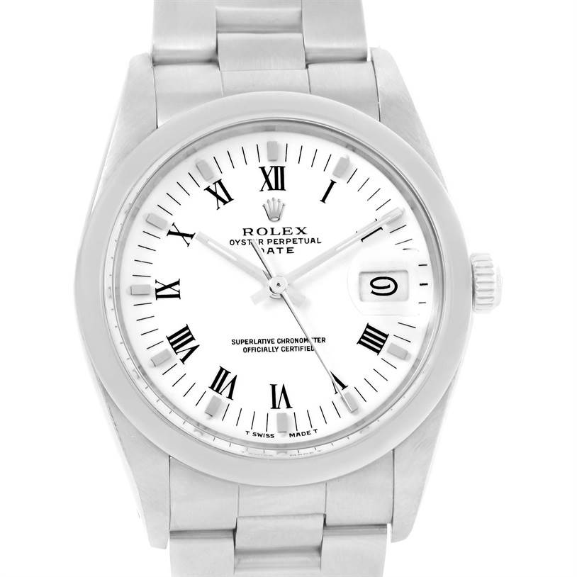 The image shows the front view of a Rolex Date 15000 Men's Stainless Steel White Dial 15000 Men's Stainless Steel White Dial model watch, showcasing the dial, hands, date window, and bracelet.