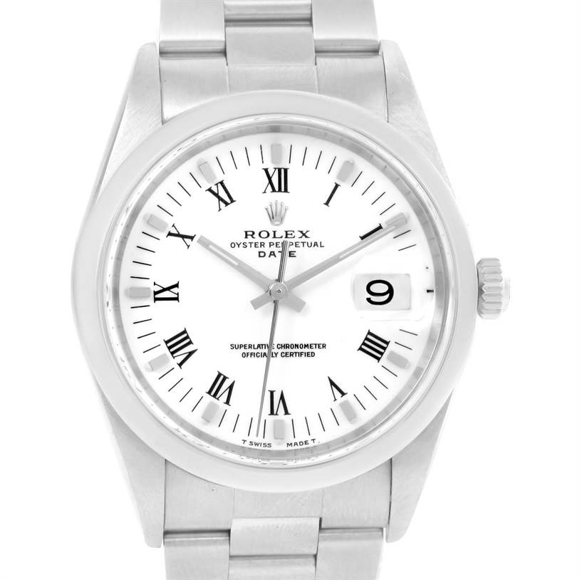 The image shows a frontal view of the Rolex Oyster Perpetual Date model, highlighting its dial, bezel, and bracelet.