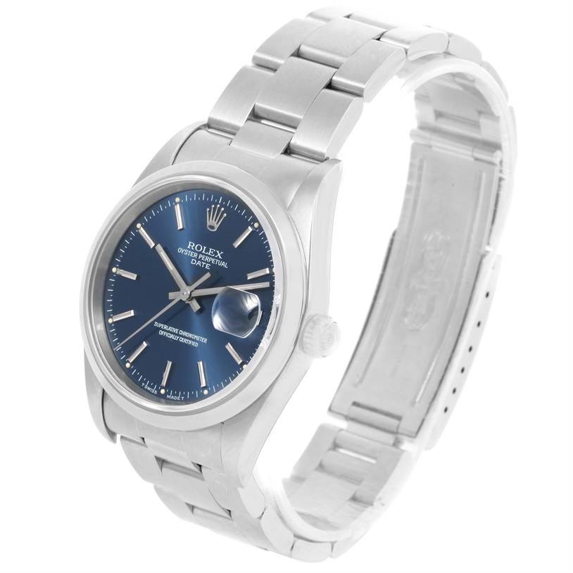 The image shows a Rolex Date 15200 Men's Stainless Steel Blue Dial 15200 Men's Stainless Steel Blue Dial watch at a three-quarter angle, highlighting the face, bezel, bracelet, and crown.