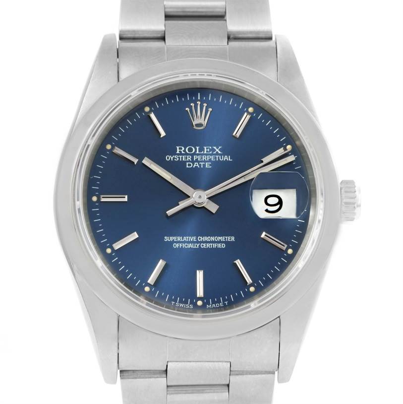 The image shows a front view of the Rolex Oyster Perpetual Date watch, displaying its face, dial, date window, and bracelet.