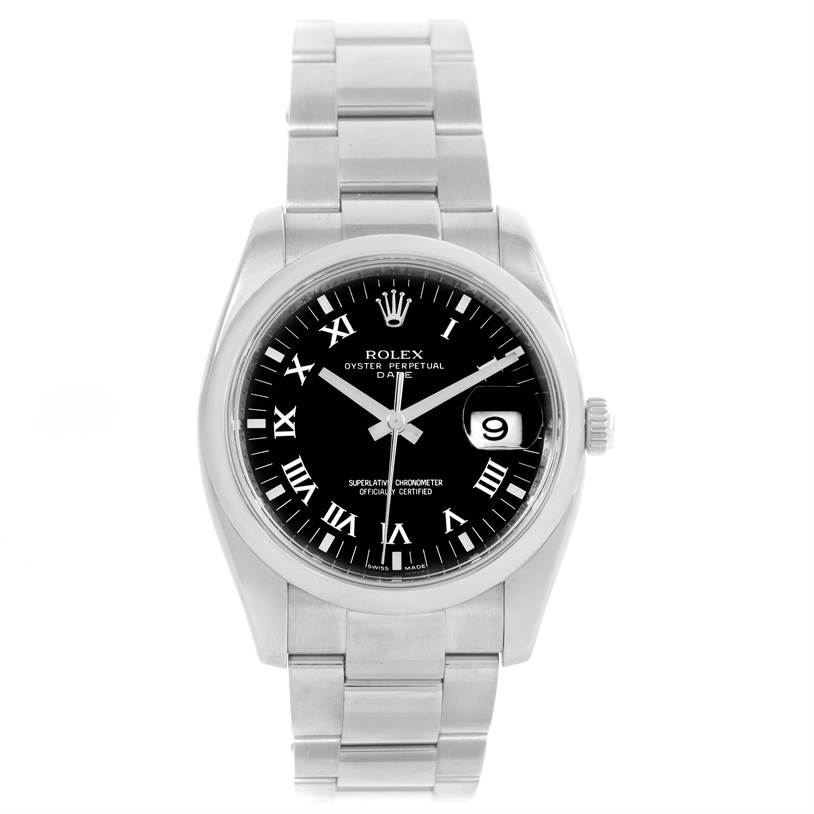 This image shows a front view of a Rolex Date 115200 Men's Stainless Steel Black Dial 115200 Men's Stainless Steel Black Dial model watch, highlighting its face, bezel, and bracelet.