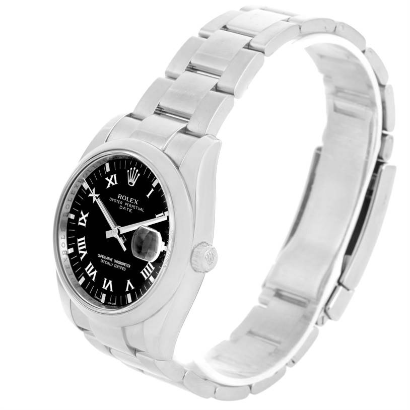 The Rolex Date 115200 Men's Stainless Steel Black Dial 115200 Men's Stainless Steel Black Dial model watch is shown at a three-quarter angle, displaying the dial, crown, and part of the bracelet.