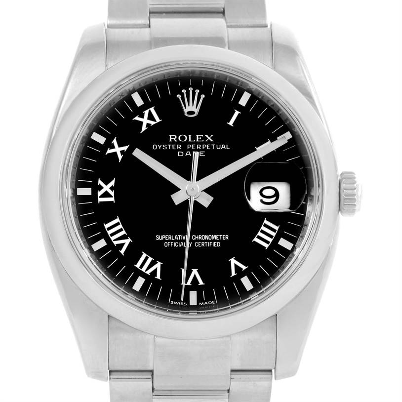This image shows a frontal view of a Rolex Oyster Perpetual Date watch, displaying its black dial, date window, and bracelet.