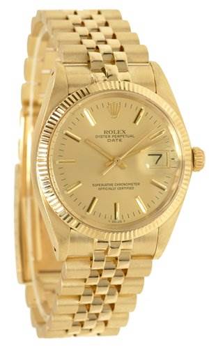 The image shows a Rolex Date 1503 Men's Yellow Gold Champagne Dial 1503 Men's Yellow Gold Champagne Dial model watch from a front angle, displaying the dial, bezel, and bracelet.