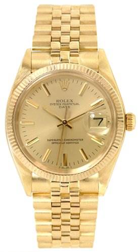 The image shows a Rolex Date 1503 Men's Yellow Gold Champagne Dial 1503 Men's Yellow Gold Champagne Dial model watch from the front, highlighting the dial, fluted bezel, crown, and bracelet.