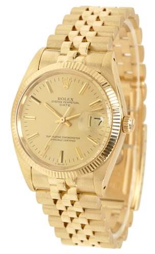 The image shows a front angle of a Rolex Date 1503 Men's Yellow Gold Champagne Dial 1503 Men's Yellow Gold Champagne Dial model watch featuring its dial, bezel, case, and bracelet.