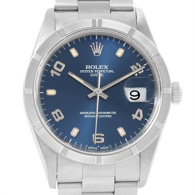 This image shows a front view of the Rolex Date 15210 Men's Stainless Steel Blue Dial 15210 Men's Stainless Steel Blue Dial model with a blue dial and a stainless steel bracelet.