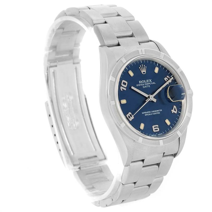 The image shows a Rolex Date 15210 Men's Stainless Steel Blue Dial 15210 Men's Stainless Steel Blue Dial model watch at an angle displaying its face, bezel, bracelet, and open clasp.
