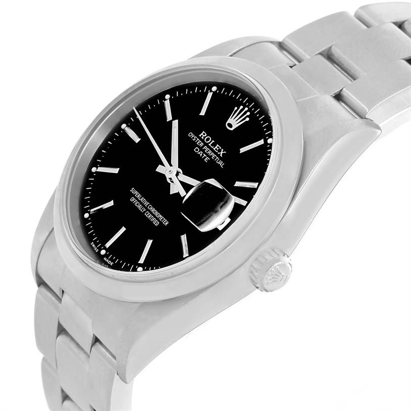 The image shows a Rolex Date 15200 Men's Black Dial 15200 Men's Black Dial model watch at a tilted angle, highlighting its black dial, cyclops date window, and stainless steel bracelet.