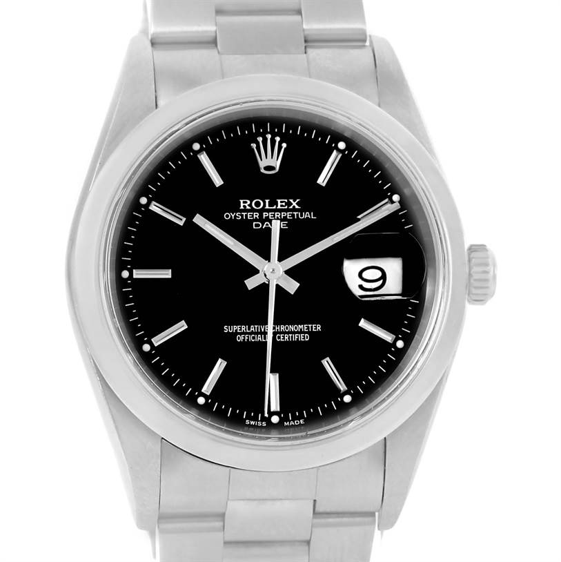 This image shows the front view of a Rolex Date 15200 Men's Black Dial 15200 Men's Black Dial model, displaying the face, bezel, and parts of the bracelet.