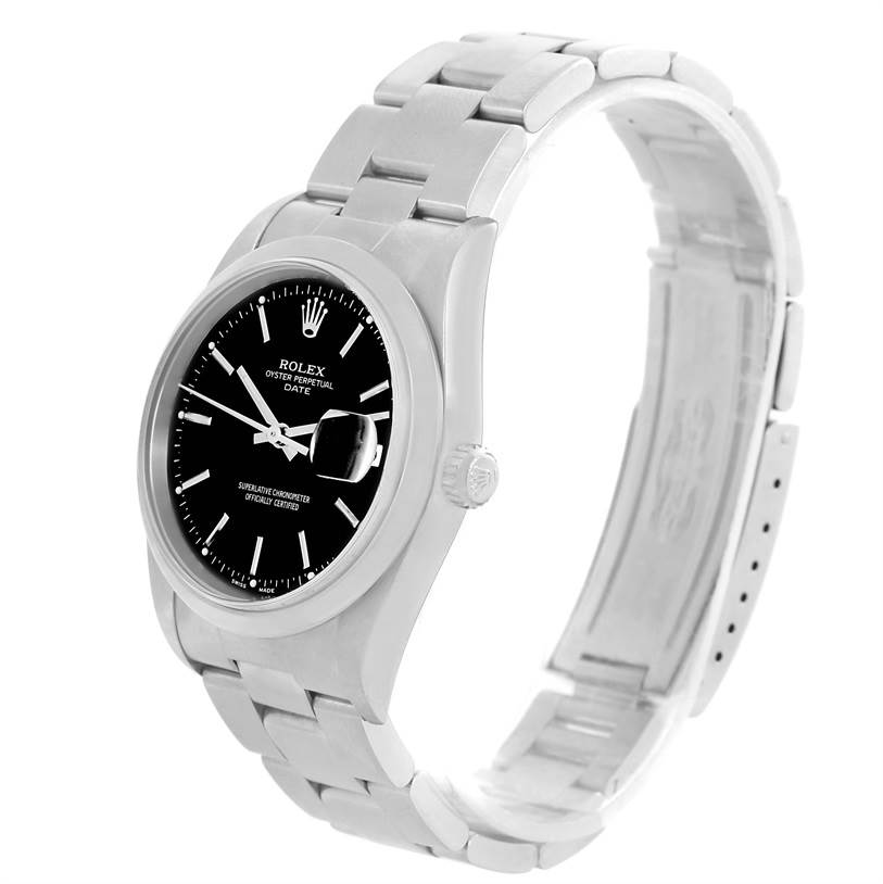 The image shows the Rolex Date 15200 Men's Black Dial 15200 Men's Black Dial model watch from a side angle, highlighting the face, bracelet, and clasp.