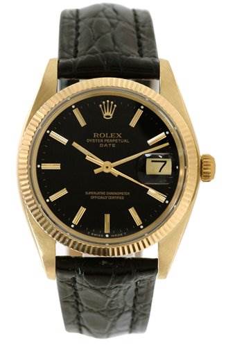 The image shows a frontal view of a Rolex Oyster Perpetual Date watch with a black leather strap and gold casing.