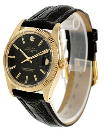 The image shows a Rolex Date 1503 Men's Yellow Gold Black Dial 1503 Men's Yellow Gold Black Dial model watch angled slightly to the left, displaying the face, gold case, and black leather strap.