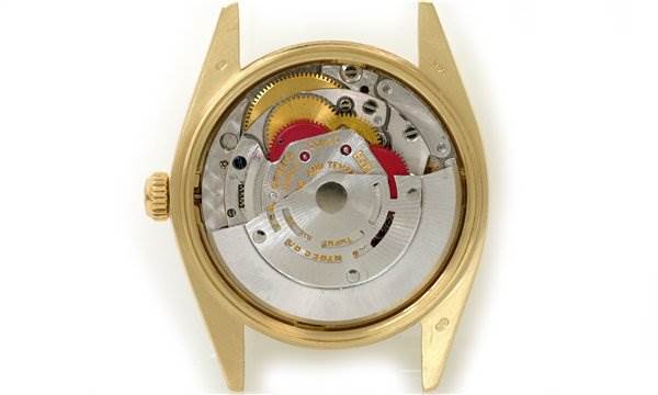 The image shows the internal mechanical movement of a Rolex Date 1503 Men's Yellow Gold Black Dial 1503 Men's Yellow Gold Black Dial model watch, viewed from the back.