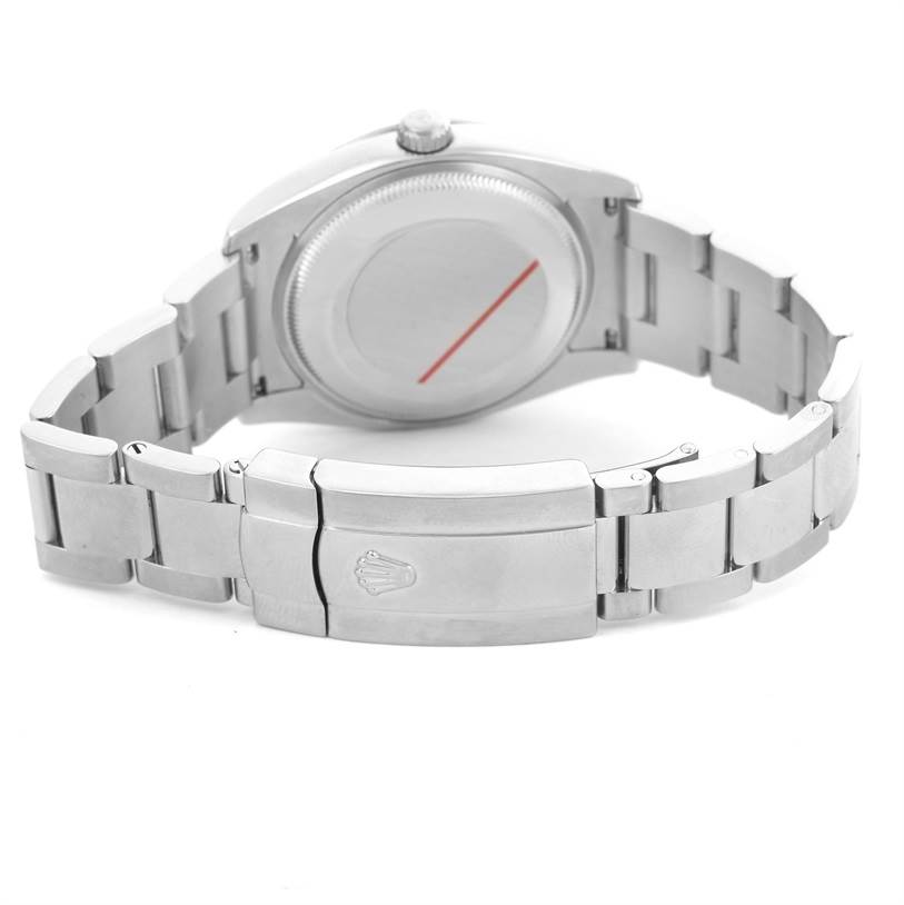 This image shows the back and bracelet of a Rolex Date 115210 Men's Stainless Steel White Dial 115210 Men's Stainless Steel White Dial model watch at a slight angle.