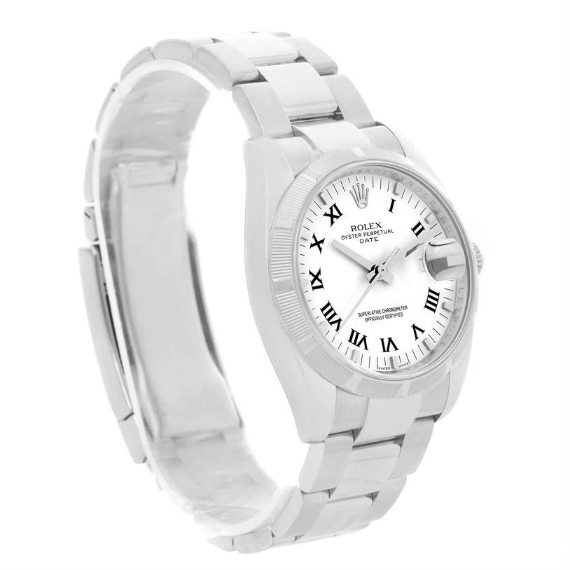 The image shows a Rolex Date 115210 Men's Stainless Steel White Dial 115210 Men's Stainless Steel White Dial model watch at a slight angle, highlighting its white dial, Roman numerals, and Oyster bracelet.