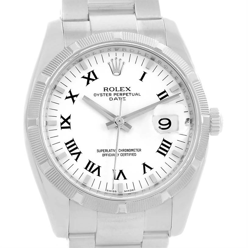 The image shows a front view of the Rolex Oyster Perpetual Date watch, highlighting its dial, bezel, and part of the bracelet.