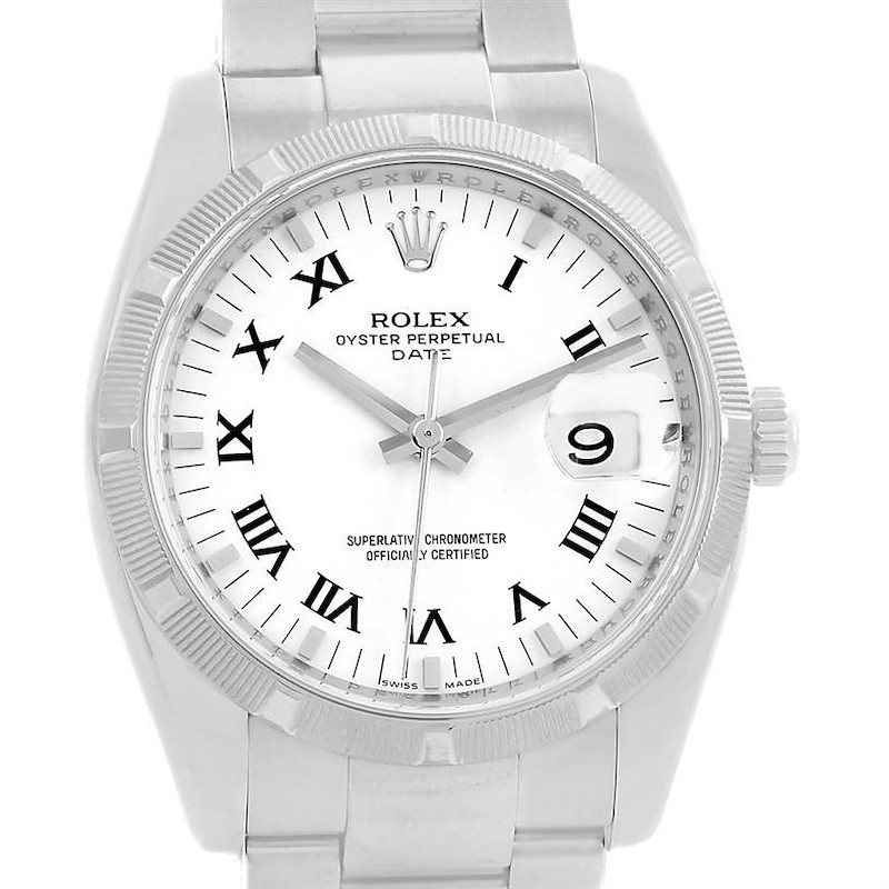 The image shows a front view of the Rolex Oyster Perpetual Date watch, highlighting its dial, bezel, and part of the bracelet.