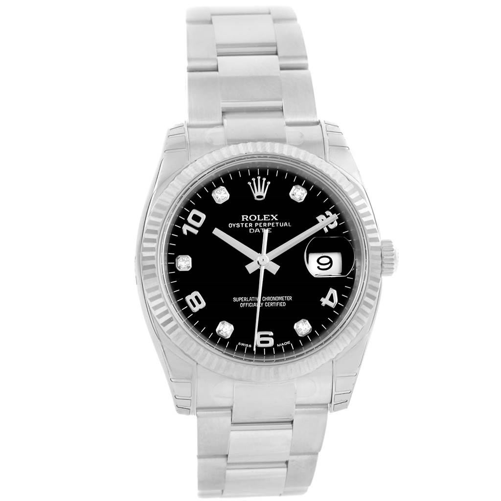The image shows a front view of a Rolex Date 115234 Men's Stainless Steel Black Dial 115234 Men's Stainless Steel Black Dial model watch, including its black dial, date window, and stainless steel bracelet.