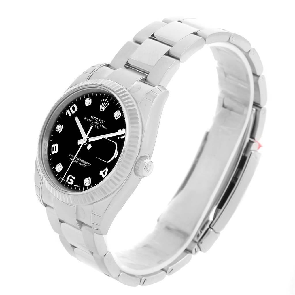 The Rolex Date 115234 Men's Stainless Steel Black Dial 115234 Men's Stainless Steel Black Dial model watch is shown from a three-quarter angle, highlighting the face, bezel, crown, and bracelet.