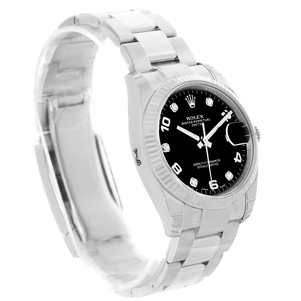 The image shows a Rolex Date 115234 Men's Stainless Steel Black Dial 115234 Men's Stainless Steel Black Dial model watch from a side angle, highlighting the bracelet, case, and black dial.