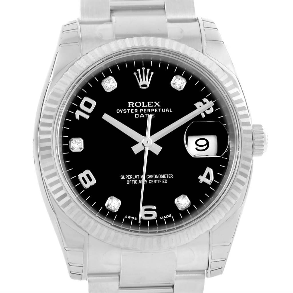 The image shows a front view of a Rolex Oyster Perpetual Date model watch, showcasing its dial, bezel, and bracelet.