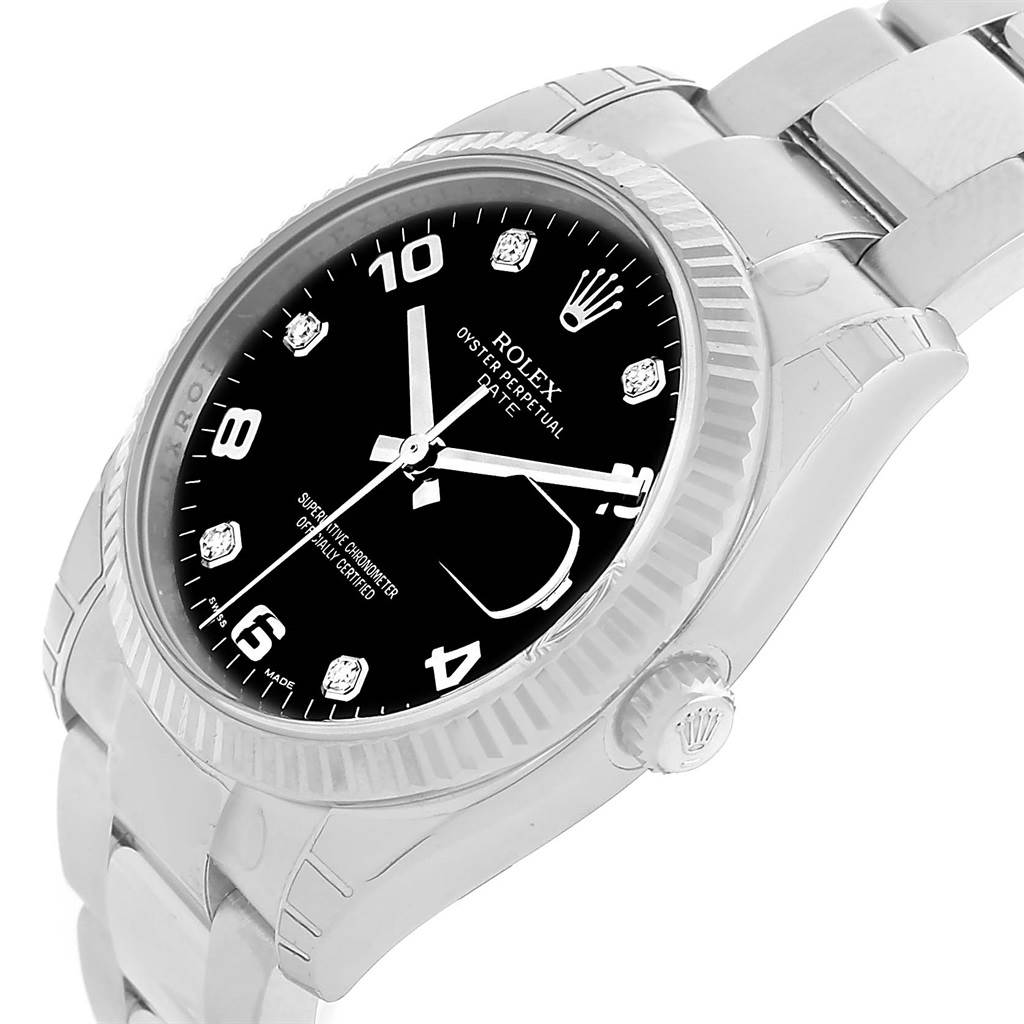 This image shows a Rolex Oyster Perpetual Date watch from an angled side view, highlighting the dial, bezel, and part of the bracelet.