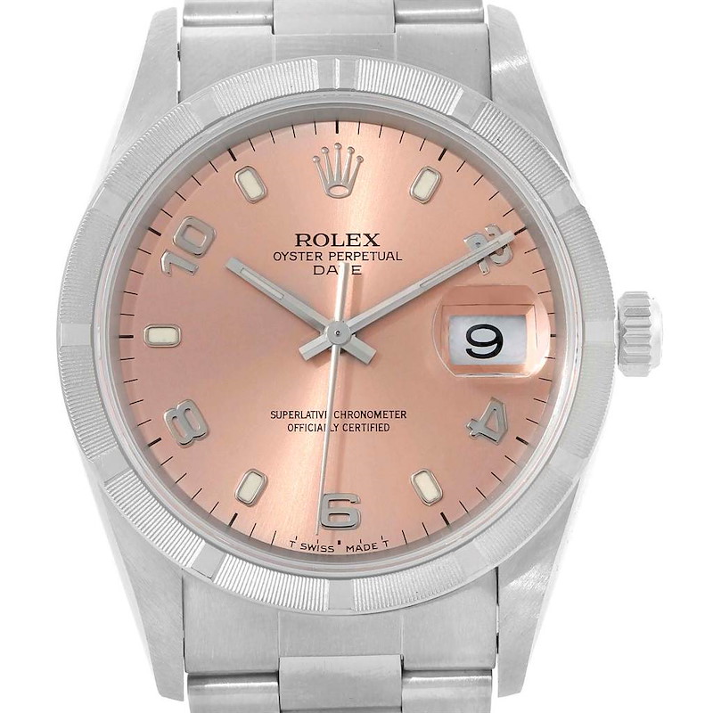 Rolex Date Mens Stainless Steel Salmon Dial Watch 15210 SwissWatchExpo