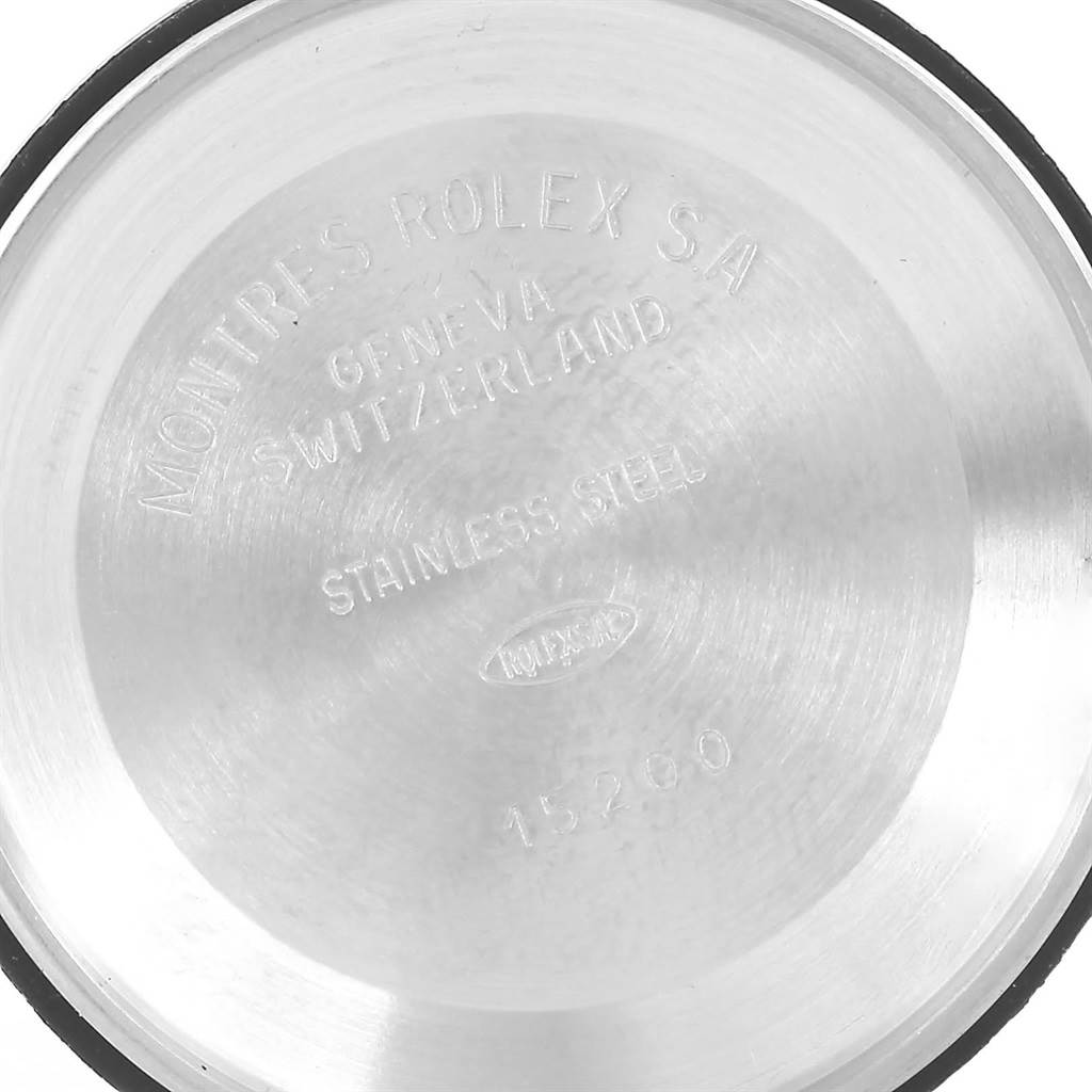 The image shows the engraved interior of the case back for a Rolex Date 15200 Men's Stainless Steel Black Dial 15200 Men's Stainless Steel Black Dial model watch.