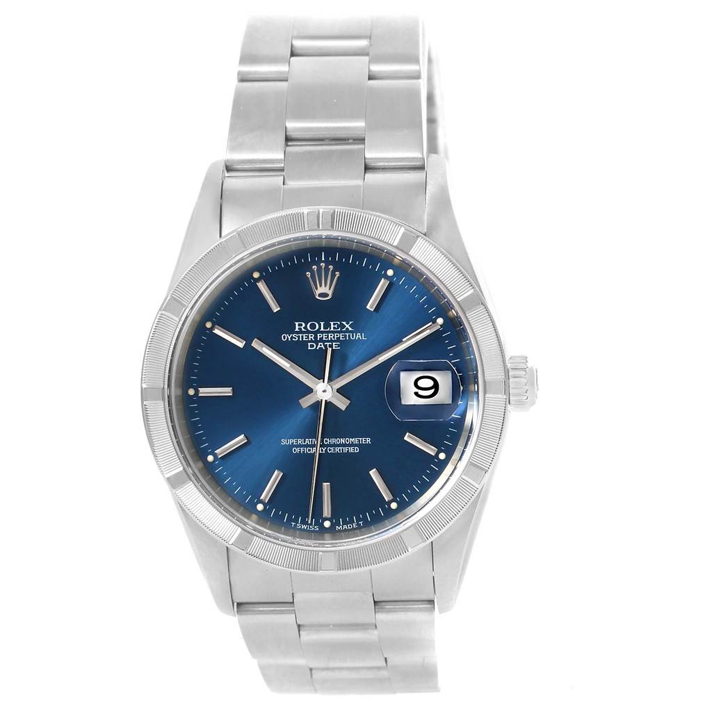 This image shows a Rolex Date 15210 Men's Stainless Steel Blue Dial 15210 Men's Stainless Steel Blue Dial model watch with a blue dial, silver bracelet, and date display at the 3 o'clock position.