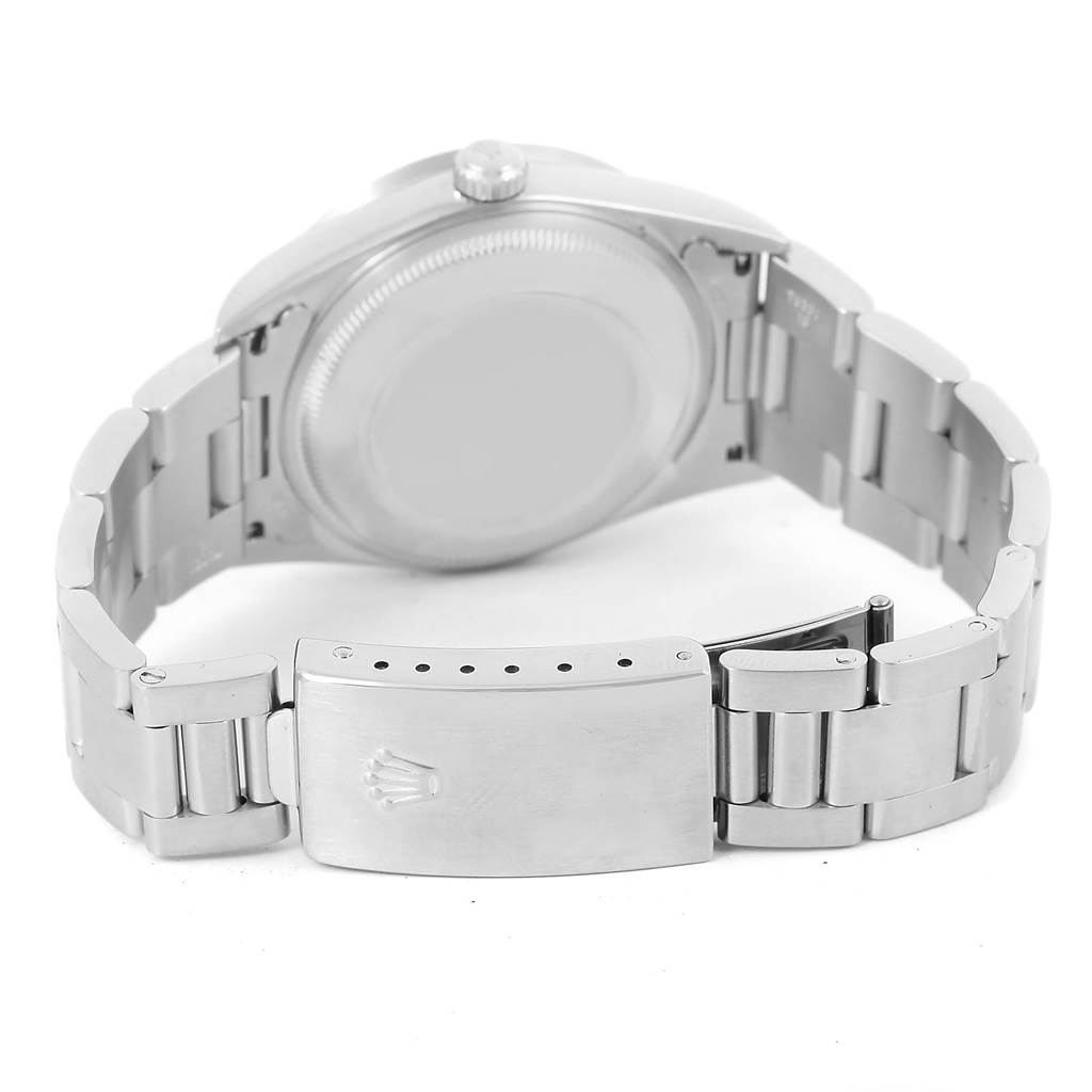 This image shows the back view of a Rolex Date 15210 Men's Stainless Steel Blue Dial 15210 Men's Stainless Steel Blue Dial model watch, highlighting the bracelet and clasp.