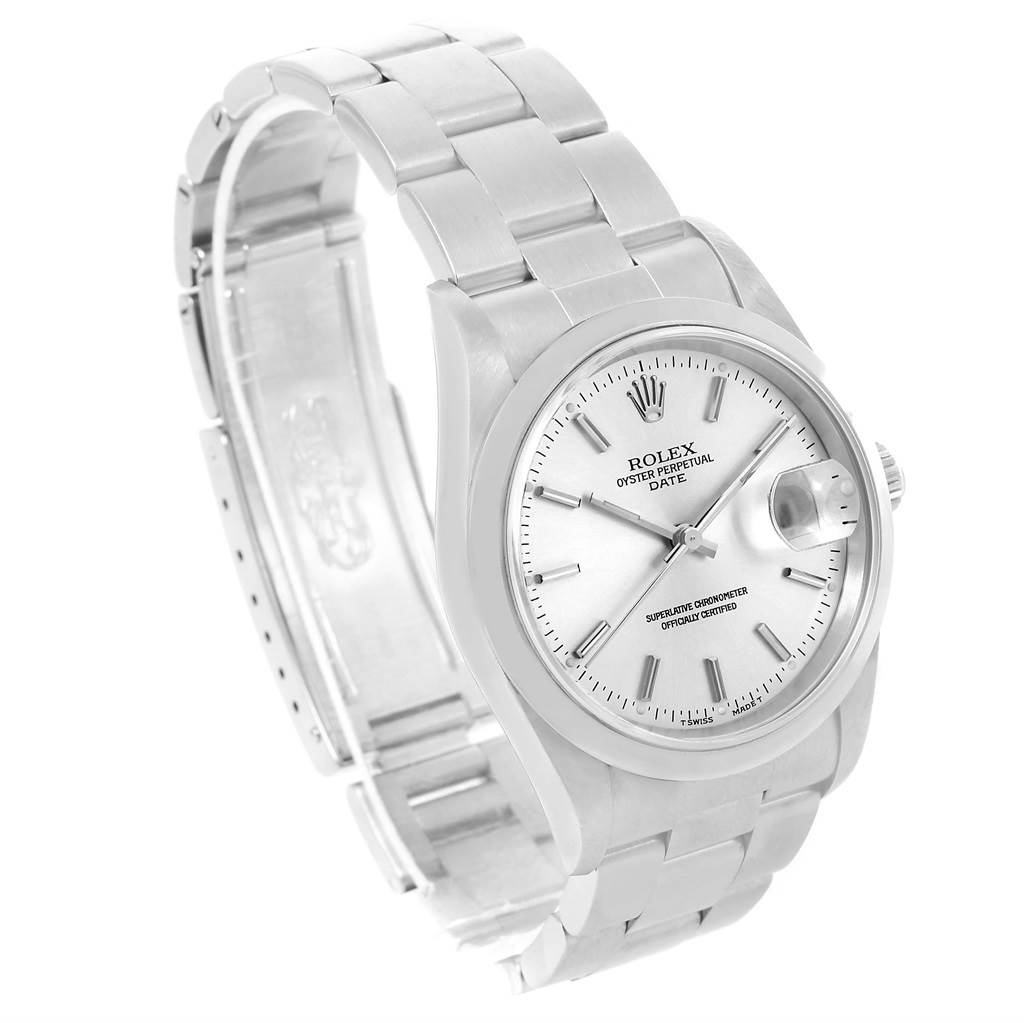 The image shows a Rolex Date 15200 Men's Stainless Steel Silver Dial 15200 Men's Stainless Steel Silver Dial model watch at a slight side angle, highlighting the dial, bracelet, and clasp.